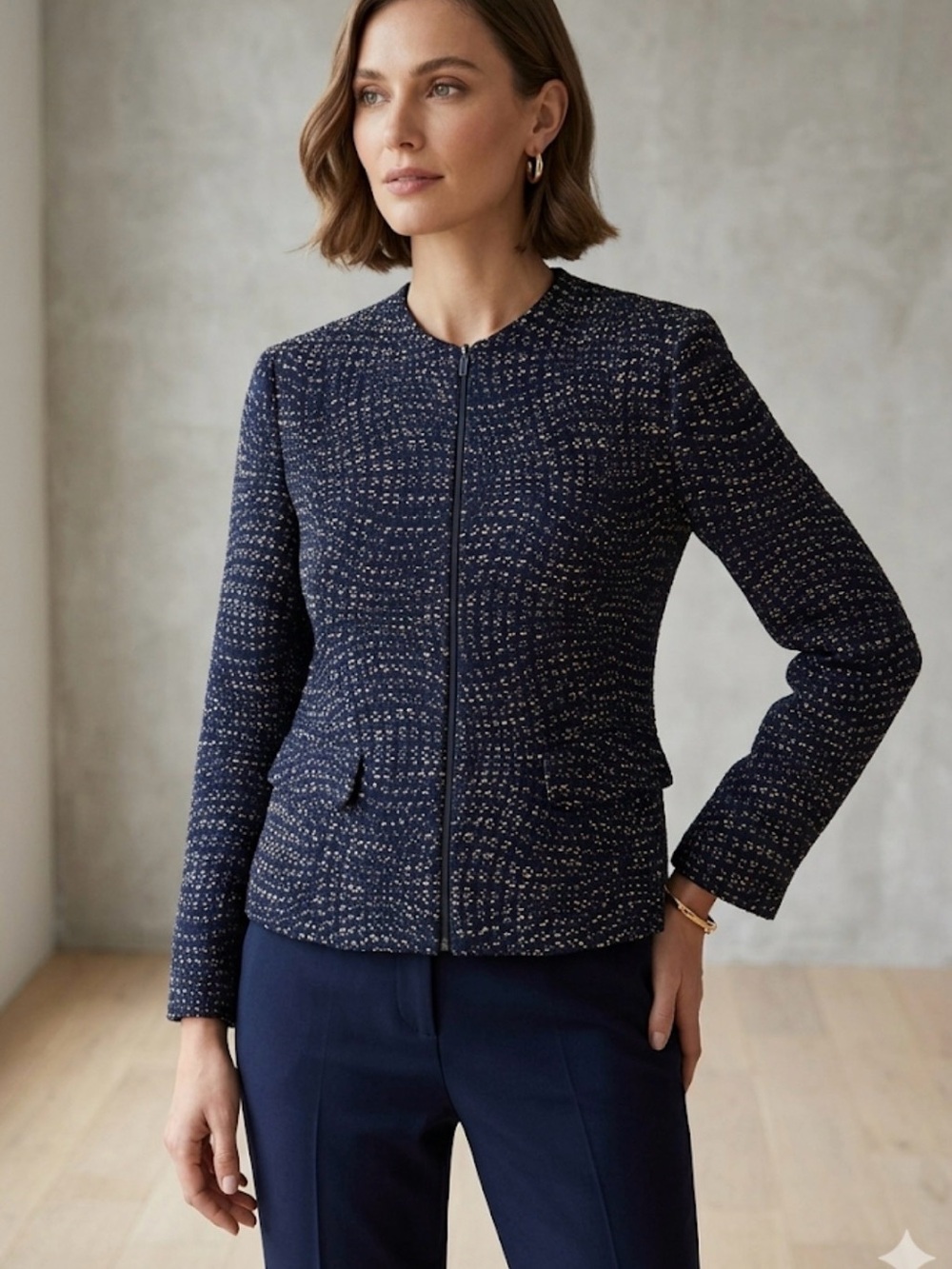 Lafayette 148 New York Navy Tweed Zip-Front Jacket